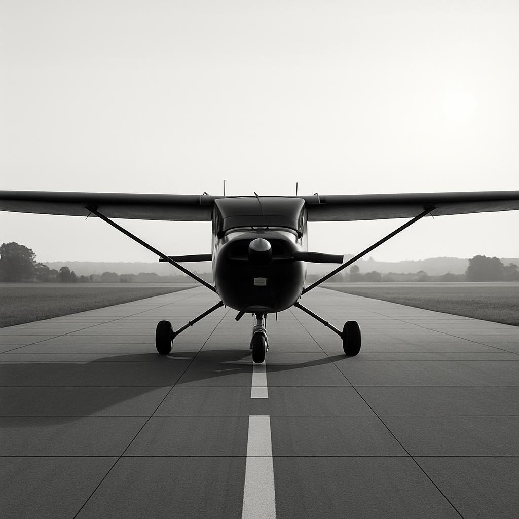 A small propeller airplane sits on a runway with the nose of the plane toward the camera and the propellers toward the win...